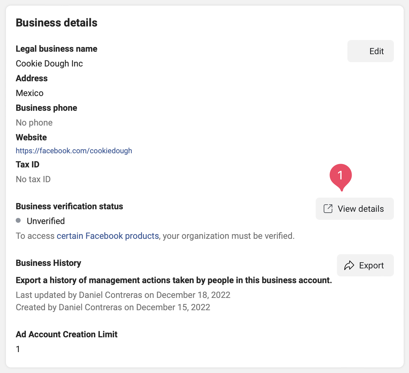 Facebook Business Verification page