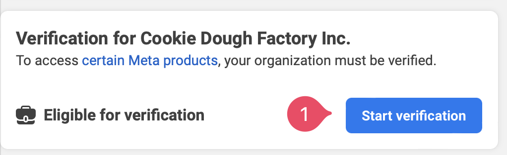 Facebook Business Verification page