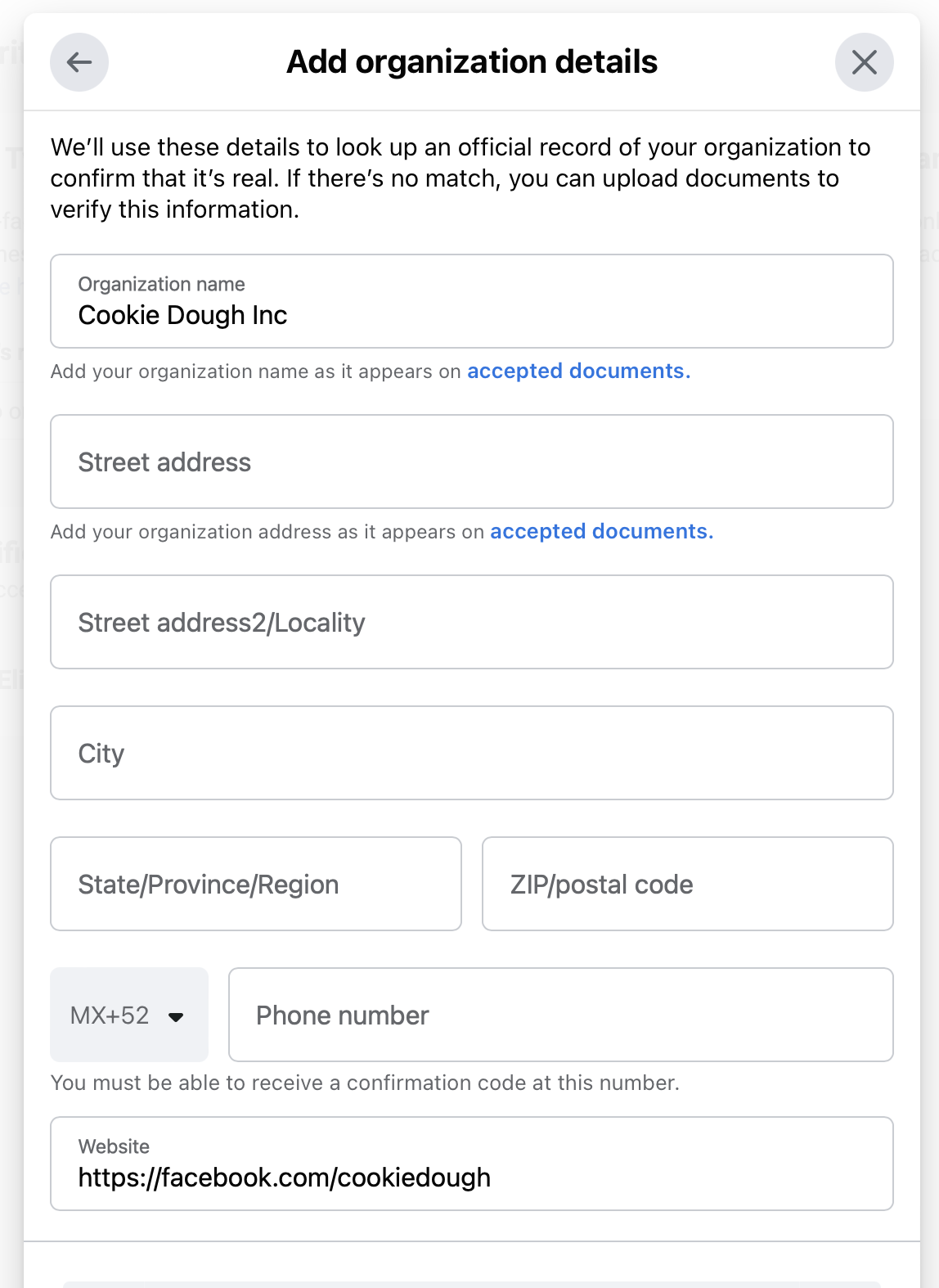 Facebook Business Verification page