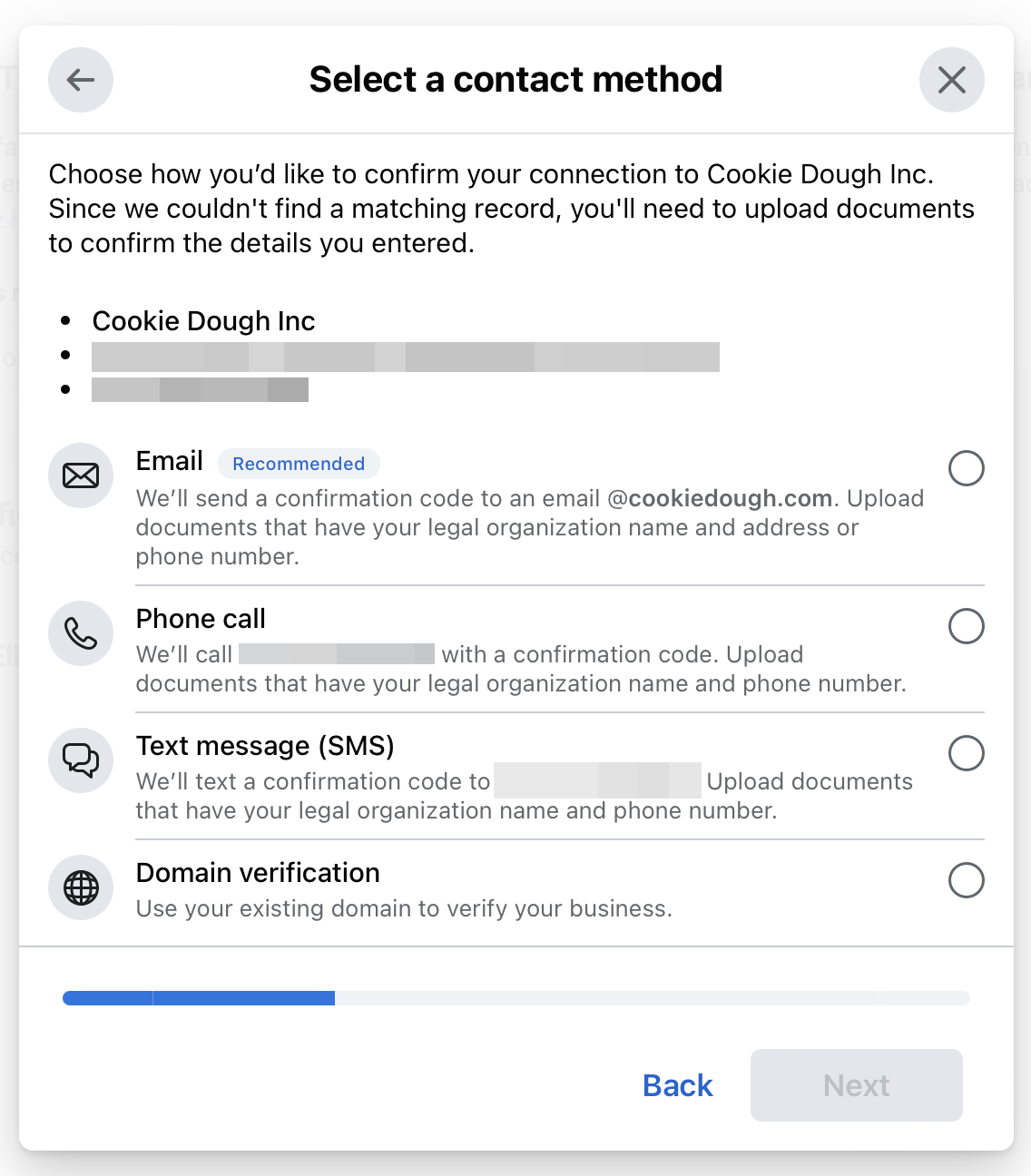 Facebook Business Verification page