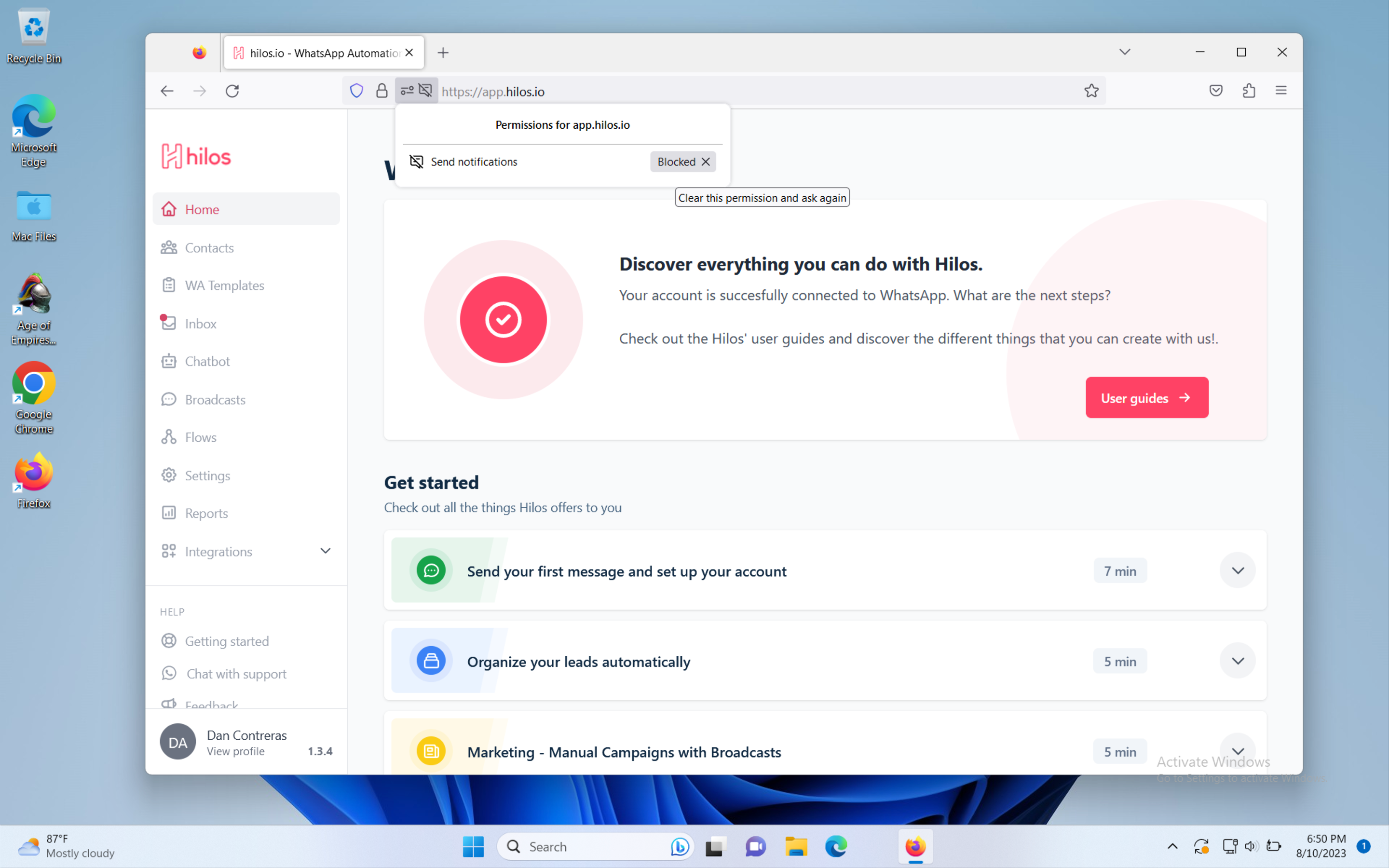 Site settings on Firefox