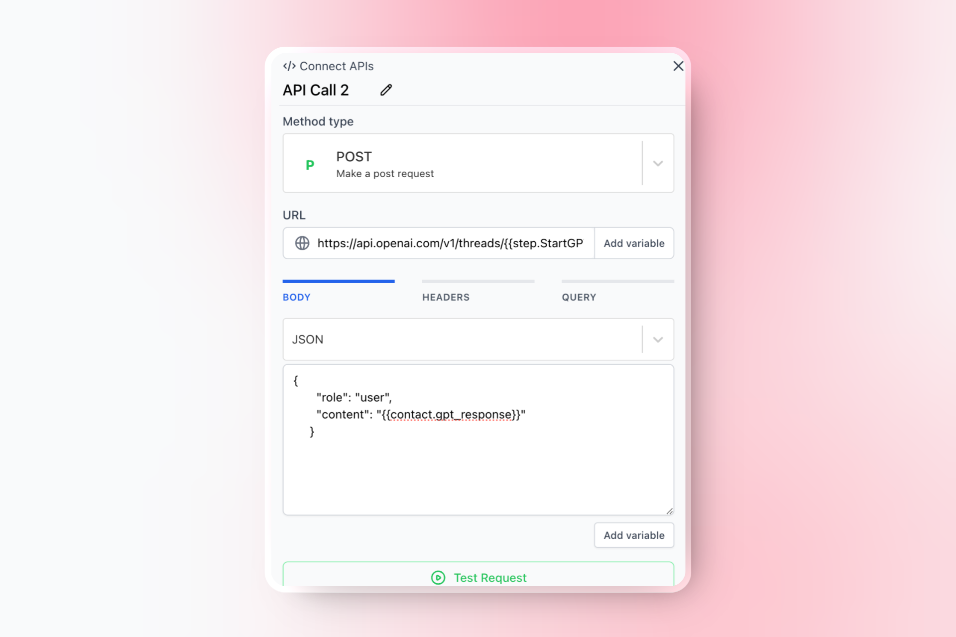 Add an API Step to send the Message