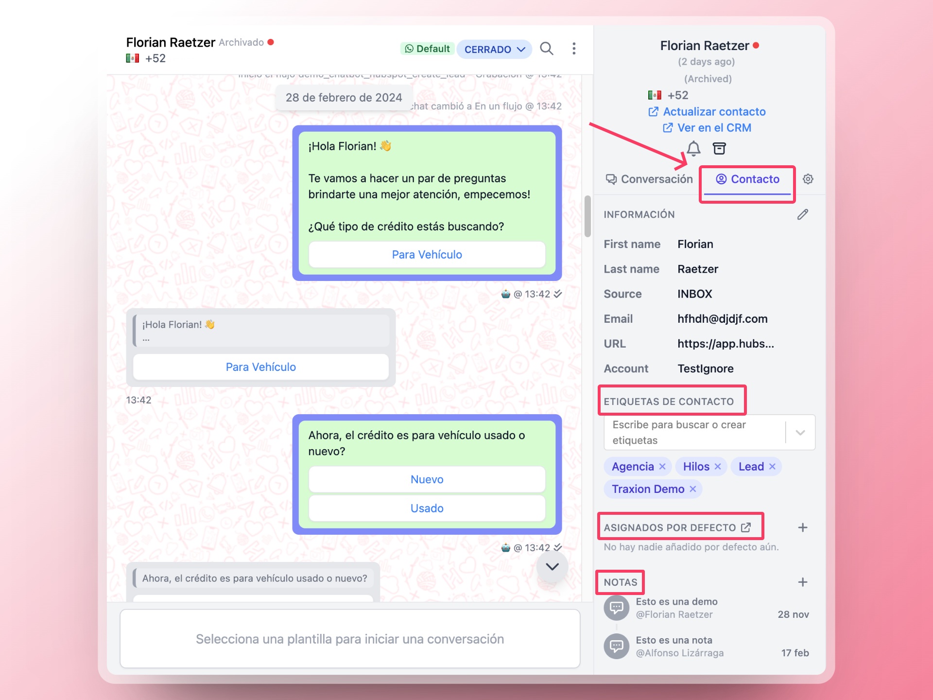 Contact window in Inbox