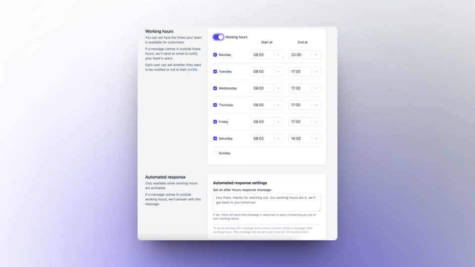 Working Hours settings